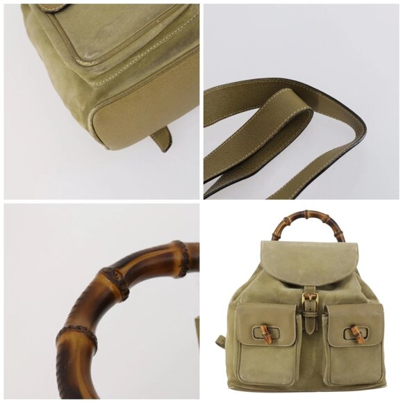 GUCCI Bamboo Backpack Suede Khaki Gold - Picture 10 of 15